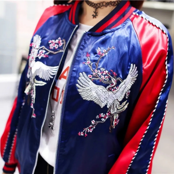 🎀NEW Unisex Satin Baseball Crane Embroidered  Streetwear Outerwear Jacket - Picture 14 of 14